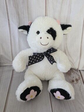 Hugfun Holstein Cow Plush Stuffed Toy Black White Pink Flower Feet 14 Inch
